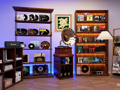 Vintage Music Room Interior With Vinyl Records Gramophone And Wooden Display Shelves 3d model