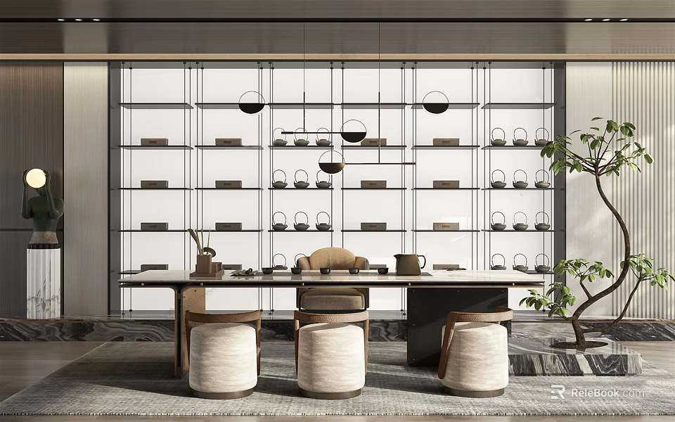 Modern Tea Room Interior With Tea Table Chairs Pendant Lights And Display Shelves 3d model 