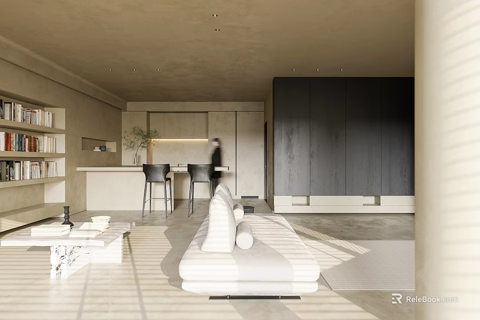 Modern Minimalist Living Dining Room With Beige Sofa Bookshelves Bar Counter And Natural Light 3d model 