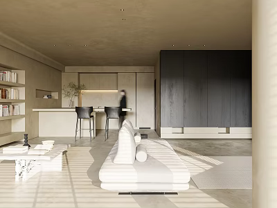 Modern Minimalist Living Dining Room With Beige Sofa Bookshelves Bar Counter And Natural Light 3d model