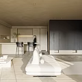 Modern Minimalist Living Dining Room With Beige Sofa Bookshelves Bar Counter And Natural Light