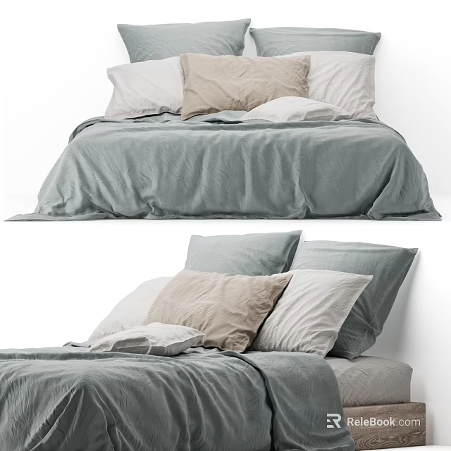 Cozy Double Bed With Linen Bedspread And Beige White Light Grey Pillows 3d model 
