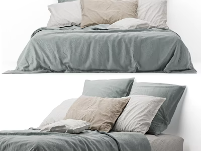 Cozy Double Bed With Linen Bedspread And Beige White Light Grey Pillows 3d model