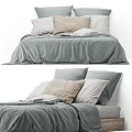 Cozy Double Bed With Linen Bedspread And Beige White Light Grey Pillows 3d model