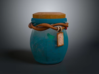 Blue Glass Storage Jar With Wooden Lid Brown Rope And Hanging Tag 3d model