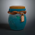 Blue Glass Storage Jar With Wooden Lid Brown Rope And Hanging Tag