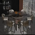 Elegant Modern Dining Table Set with Round Marble Tabletop Beige Chairs and Decorative Vase Flowers
