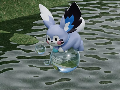 Light Blue Plush Toy With White Black Ears On Transparent Ball Water Ripple With Bubbles 3d model