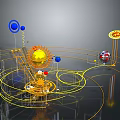 Golden Sun Model With Orbiting Blue And Red Spheres Mechanical Frames And Yellow Lines