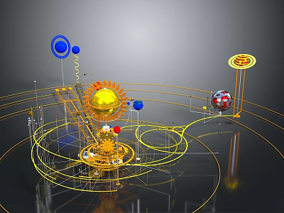 Golden Sun Model With Orbiting Blue And Red Spheres Mechanical Frames And Yellow Lines 3d model