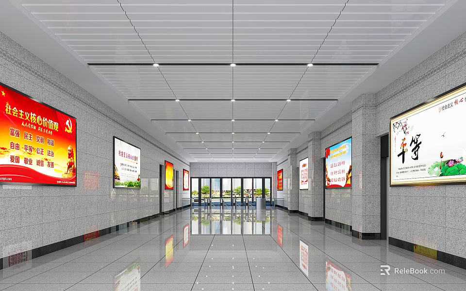 Spacious Train Station Hall Interior With Advertising Billboards Smooth Floor And Strip Ceiling Lights 3d model 