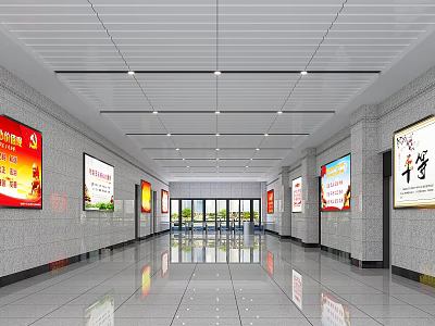 Spacious Train Station Hall Interior With Advertising Billboards Smooth Floor And Strip Ceiling Lights 3d model