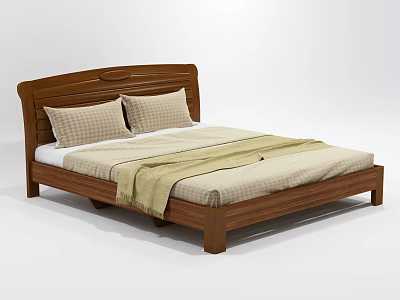 Wooden Double Bed with Plaid Pillows Beige Blanket and Simple Frame Design 3d model