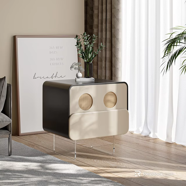 Modern Black And Beige Bedside Cabinet With Round Decorative Details Green Plant On Wooden Floor 3d model 