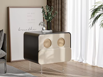 Modern Black And Beige Bedside Cabinet With Round Decorative Details Green Plant On Wooden Floor 3d model