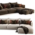 Beige And Brown L Shaped Sectional Sofa With Multiple Patterned Cushions And Cozy Blanket 3d model