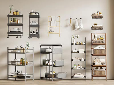 Versatile Storage Shelving Units in Modern Design with Baskets Hooks and Wheels for Home Organization 3d model