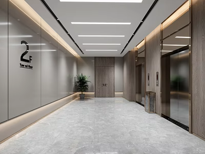 Modern Elevator Lobby Interior Design With Wooden Panels Marble Floor Recessed Lighting And Potted Plant 3d model