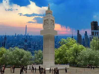White Landmark Column With Clock Surrounded By Green Trees And City Skyline At Sunset 3d model