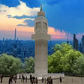 White Landmark Column With Clock Surrounded By Green Trees And City Skyline At Sunset