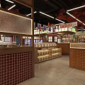 Vibrant Restaurant Interior With Colorful Hanging Signs Green Tile Counter And Wooden Seating
