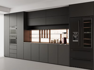 Modern Kitchen Interior With Sleek Black Wine Cabinet And Glass Door Design 3d model