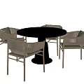 Modern Round Dining Table Set With Black Tabletop And Beige Rattan Chairs 3d model