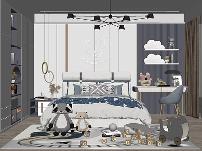Modern Kids Room Interior With Bed Stuffed Toys Building Blocks Moon Cloud Decals And Rug 3d model