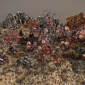 Exotic Garden Landscape With Twisted Tree Trunks Vibrant Red Blooms And Colored Foliage