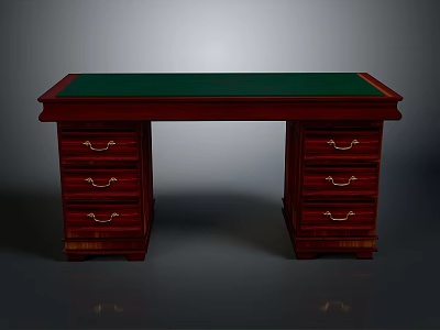 Classic Mahogany Furniture Desk with Green Smooth Top and Multiple Drawers with Gold Handles 3d model