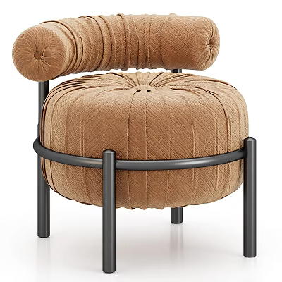 Modern Brown Tufted Armchair With Black Metal Frame And Round Design 3d model