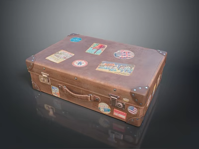 Vintage Brown Leather Suitcase With Multiple Travel Stickers And Brass Clasps 3d model