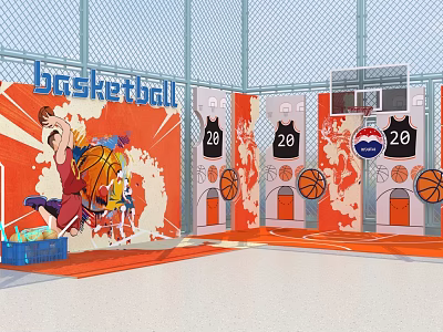 Vibrant Basketball Court With Player Mural Orange Flooring And Multiple Hoops 3d model