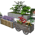Flower Planters and Pots Wooden Metal Frame Wheeled Designs with Green Plants and Colorful Flowers