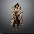 Woman In Long Puffer Coat With Shorts And Knee High Boots On Dark Background