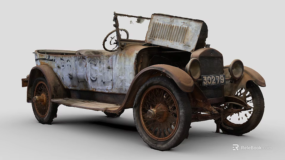 Vintage Classic Car With Rusted Body And Old Fashioned Steering Wheel Design 3d model 