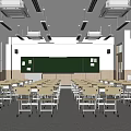 School Spacious Classroom With Green Blackboard Neat Desks Windows Ceiling Lights And Air Conditioners