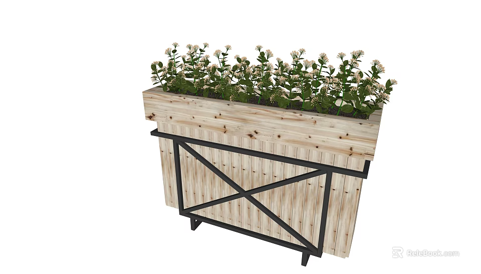 Wooden Flower Planter With Metal Stand And Green Plants White Flowers 3d model 