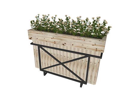 Wooden Flower Planter With Metal Stand And Green Plants White Flowers 3d model