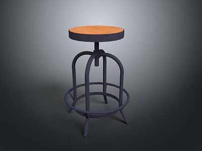 Modern Bar Stool With Orange Wooden Seat And Dark Metal Curved Frame Round Base 3d model