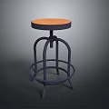 Modern Bar Stool With Orange Wooden Seat And Dark Metal Curved Frame Round Base