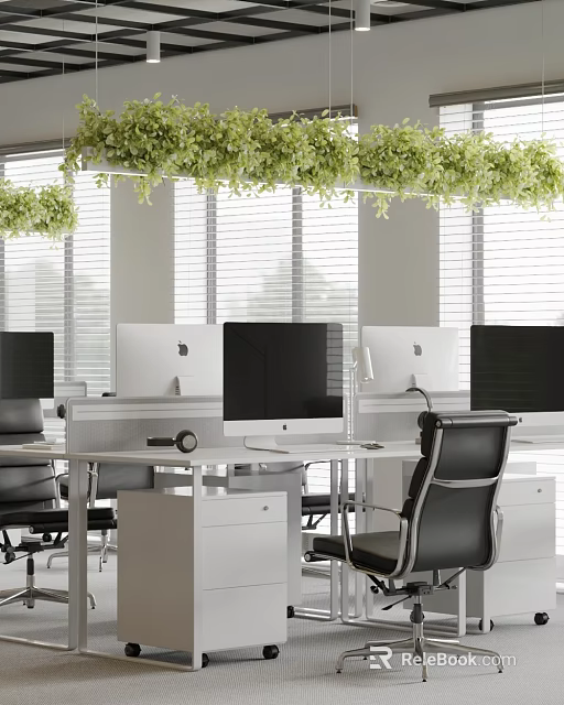 Modern Public Office Space With Desks Computers Hanging Plants And Window Blinds 3d model