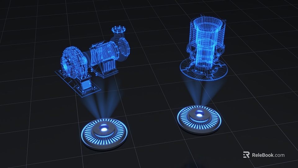 Blue Illuminated Industrial Equipment 3D Models With Technical Structures And Projection Bases 3d model 