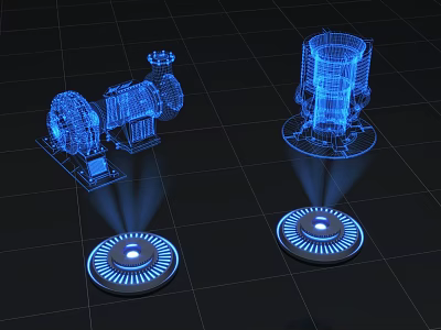 Blue Illuminated Industrial Equipment 3D Models With Technical Structures And Projection Bases 3d model