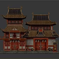 Cartoon Style Chinese Traditional Building with Multi tiered Roofs Red Gold Decorations and Small Lantern