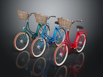 Three Colorful Vintage Bicycles With Wicker Front Baskets And White Wall Tires 3d model