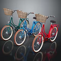 Three Colorful Vintage Bicycles With Wicker Front Baskets And White Wall Tires