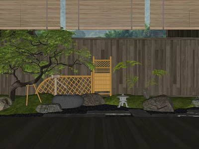Japanese Courtyard Garden with Bamboo Screens Wooden Fence Rock Formations and Green Plants 3d model