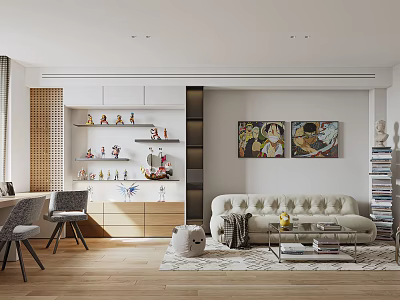 Cozy Home Study Room With Wooden Bookshelves Comfy Sofa And Decorative Paintings 3d model