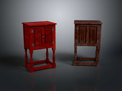 Classic Red and Brown Wooden Cabinets with Doors and Carved Legs Design 3d model